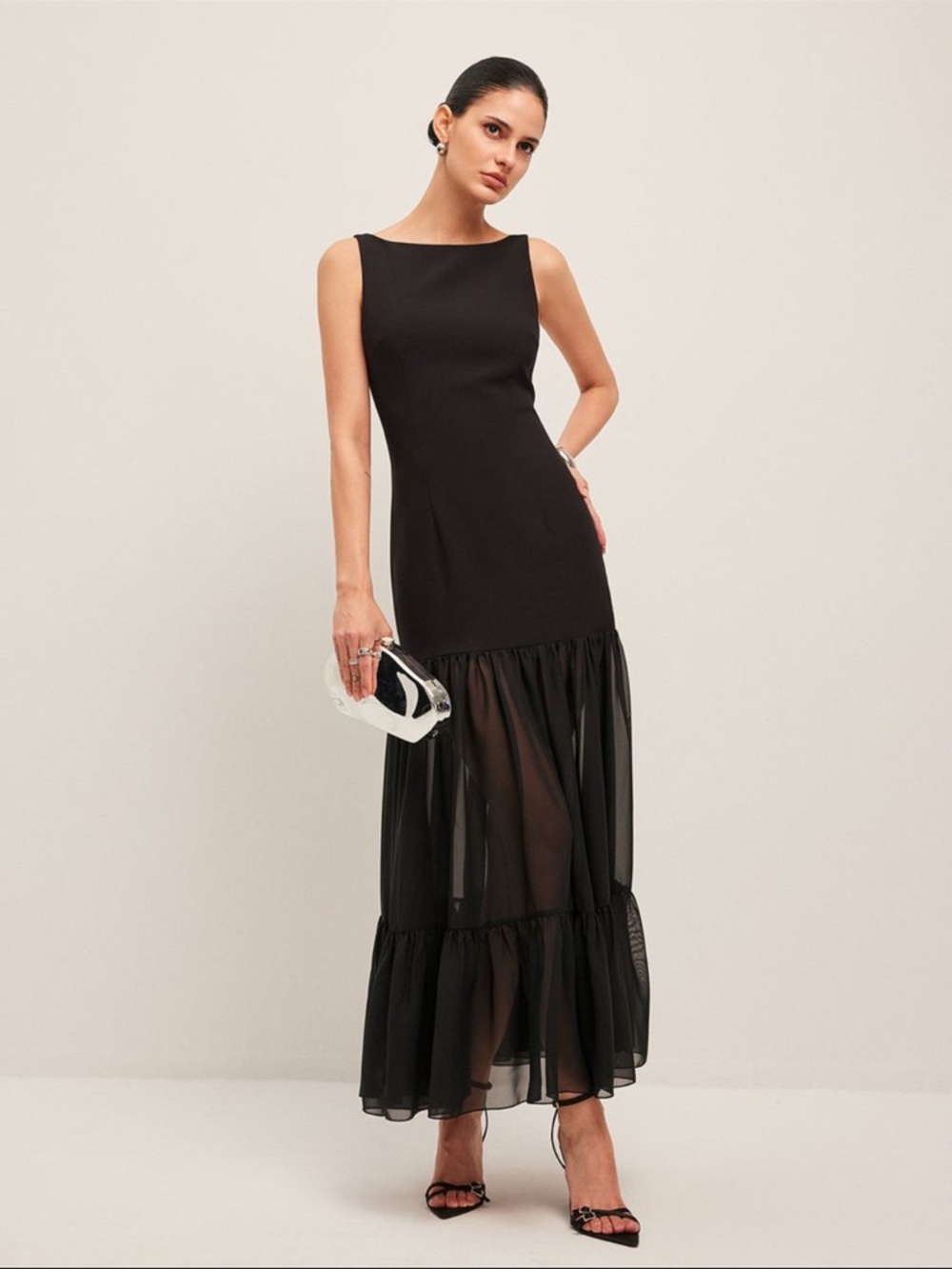 Commense Black Lined and Sheer Backless Tiered Maxi Dress size s - Picture 2 of 5